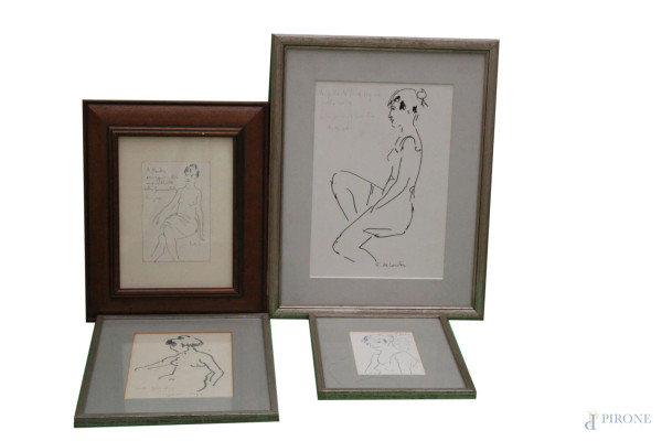 Lotto di quattro ritratti di donna, disegni a varie tecniche su carta, 31x21 - 20x14 - 15x10 - 19x9 cm, entro cornici, firmati.