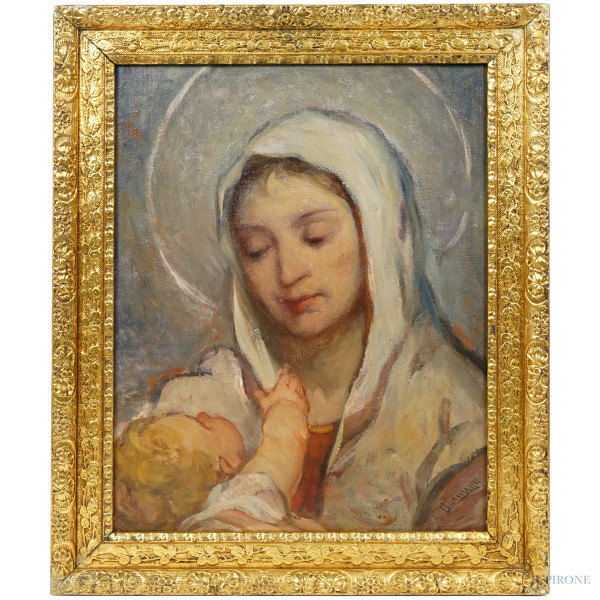 Madonna con Bambino, XIX secolo, olio su cartone telato, cm 46x36, firmato, entro cornice, (difetti)