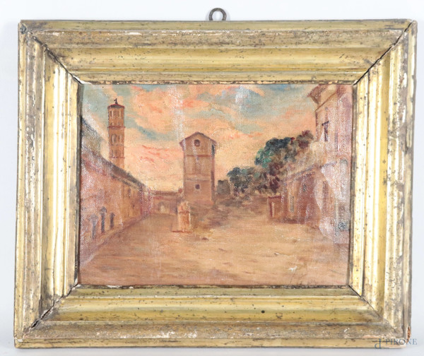 Veduta di via dei Penitenzieri a Roma, XX secolo, olio su tela applicata su cartoncino, cm 22x28, entro cornice, (segni di usura, abrasioni, ondulazioni del supporto, difetti)
