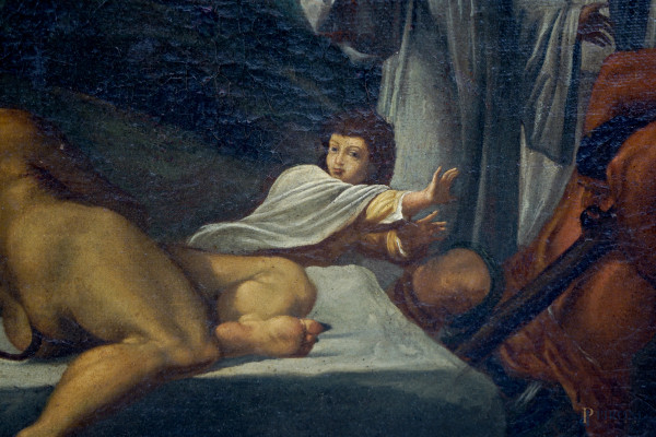 Pittore bolognese del XVII secolo, San Benedetto scaccia il diavolo, olio su tela, cm 145,5x97