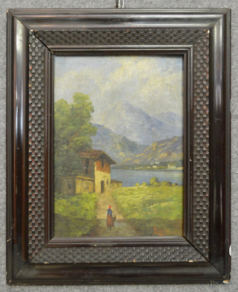 Scorcio di lago con figure, antico dipinto olio su tavola 23x32 cm, entro cornice firmato.
