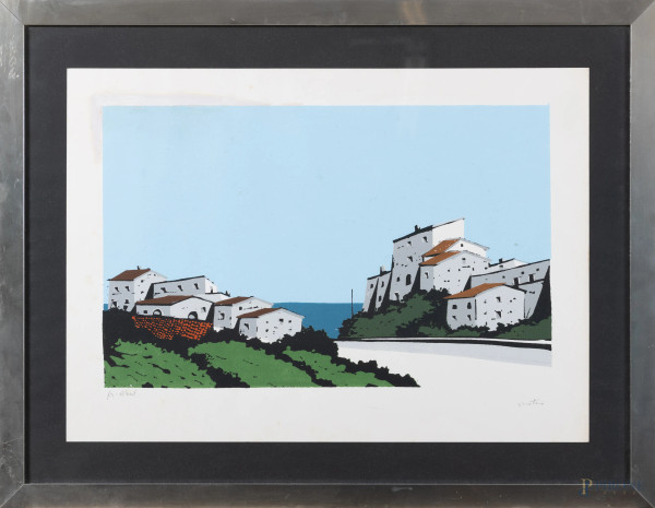 Enotrio (1920 –  1989), Case sul mare, litografia su carta, es. prova d'autore, cm 50x70, firmato in basso a destra, entro cornice, (segni di usura, tracce di umidità, difetti)