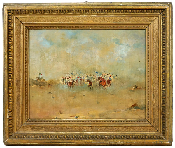 Carica di cavalleria araba, olio su tela riportata su tavola,  cm 26x35, XX secolo, entro cornice.