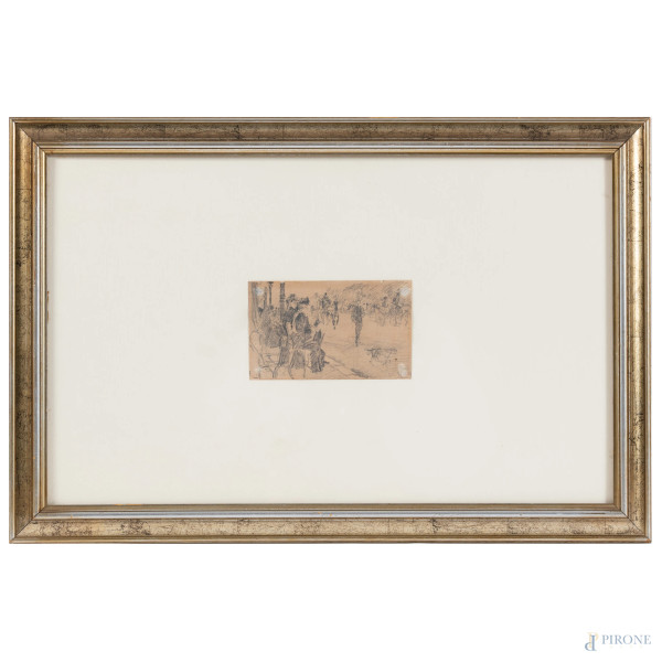 Attribuito a Giuseppe De Nittis (1846-1884), Boulevard a Parigi, disegno a tecnica mista su carta, cm 8,5x14, firmato in basso a destra. (lievi segni di usura, piccoli strappi marginali, gora in basso a destra). Corredato di dichiarazione di autenticità a firma Piero Dini
