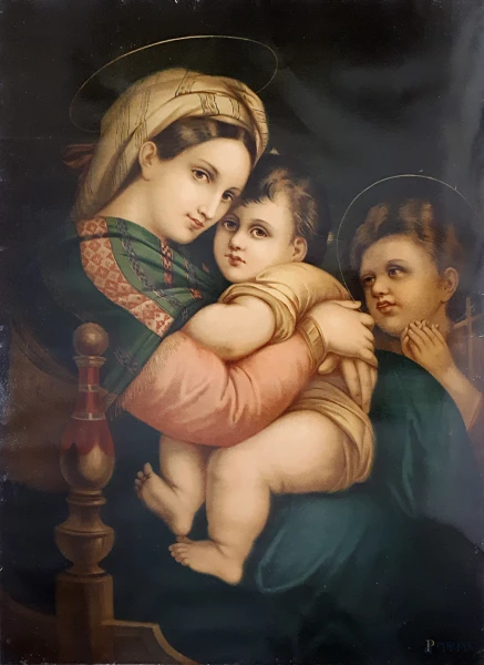 Raffaello Sanzio, Madonna della Seggiola, rara cromolitografia vintage su carta, cm 70x50