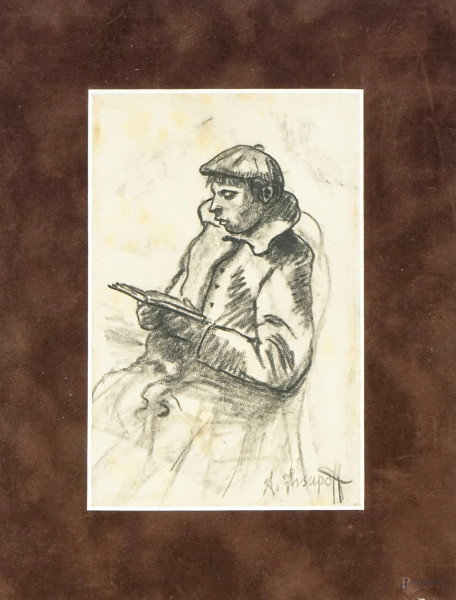 Studente russo, carboncino su carta, cm 20,5x13,5, firmato A. Issupoff