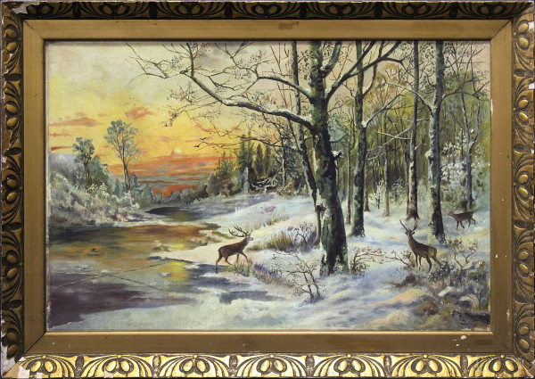 Paesaggio invernale con cervi, olio su cartone 57x88 cm, siglato, entro cornice.