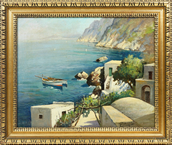 Scorcio di costa a Capri, olio su tela, firmato in basso a destra, cm 40x50, entro cornice.