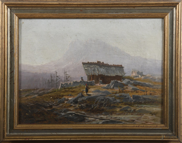 Veduta di Geralba e Monte Rocchetta, XX secolo, olio su tela, cm 35x47, firmato in basso a sinistra, entro cornice, (segni di usura, craquelure, sollevamenti e piccole cadute di colore)
