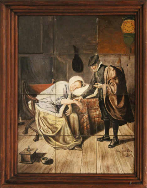 Scena d&#39;interno con figure, dipinto su mattonelle, firmato, Olanda primi 900, 54x70 cm, entro cornice