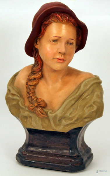 Busto di fanciulla con cappello, scultura in terracotta, Ihghilterra primi 900, h.45 cm