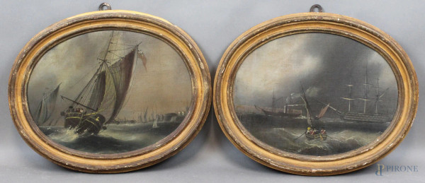 Coppia di marine, olio su tela riportata su cartone, cm. 30,5x40,5, XX secolo, entro cornici.
