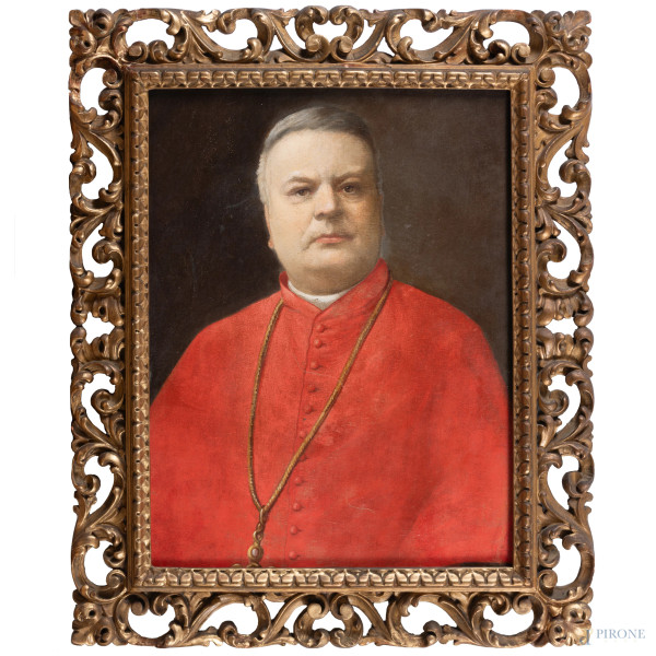 Cardinale, XX secolo, olio su tela applicata su tavola, cm 65x50, entro cornice, (segni di usura, abrasioni)