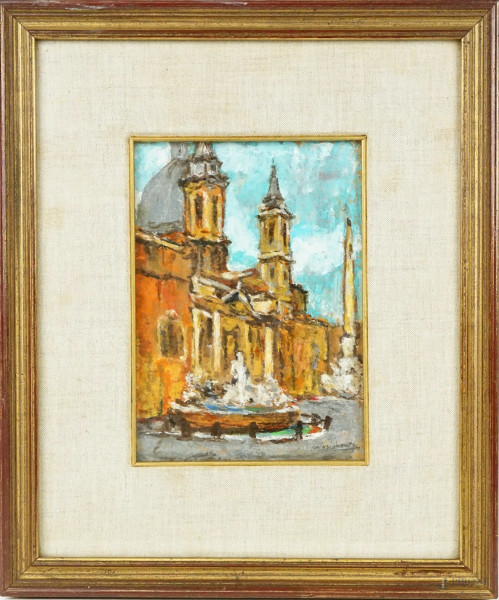 Scorcio di Piazza Navona - Sant'Agnese in Agone, olio su faesite, cm 20x14, firmato Brighenti, entro cornice.
