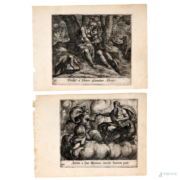 Antonio Tempesta, (1555 –  1630) Lotto di due acqueforti dalla serie "Le Metamorfosi" di Ovidio, foglio cm 13x17, (segni di usura ai margini)