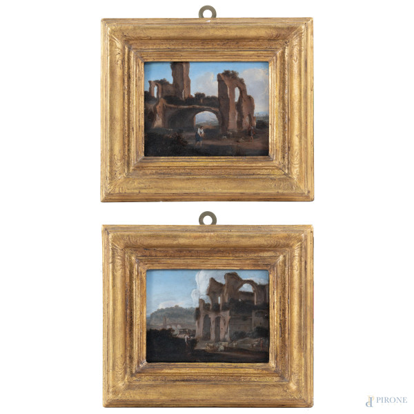 Coppia di rovine con figure, XVII secolo, olio su rame, cm 12x15,5, entro cornice