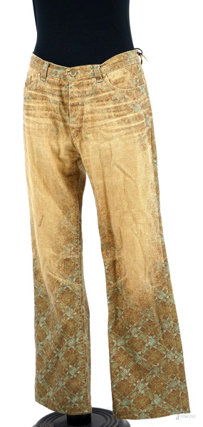 Roberto Cavalli, pantalone da donna beige e azzurro a vita bassa, modello a zampa, taglia S, (segni di utilizzo).