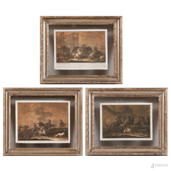 Lotto di tre incisioni con scene di battaglia, XIX secolo, misure massime cm 22x29  (segni di usura, tracce di umidità, foxing)