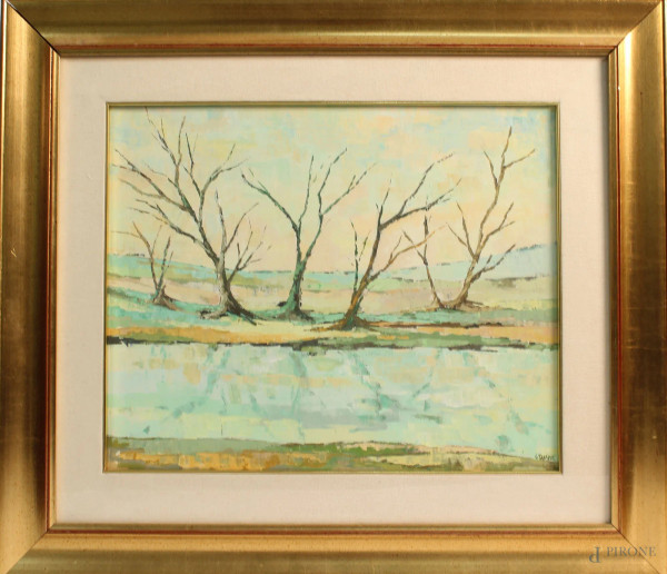 Paesaggio con alberi, dipinto ad olio su tela firmato V. Talam&#232;, cm 40 x 50, entro cornice.