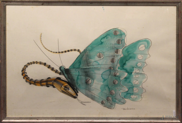 Farfalla con serpente, acquarello su carta 70x100 cm, firmato Turchiaro, entro cornice.