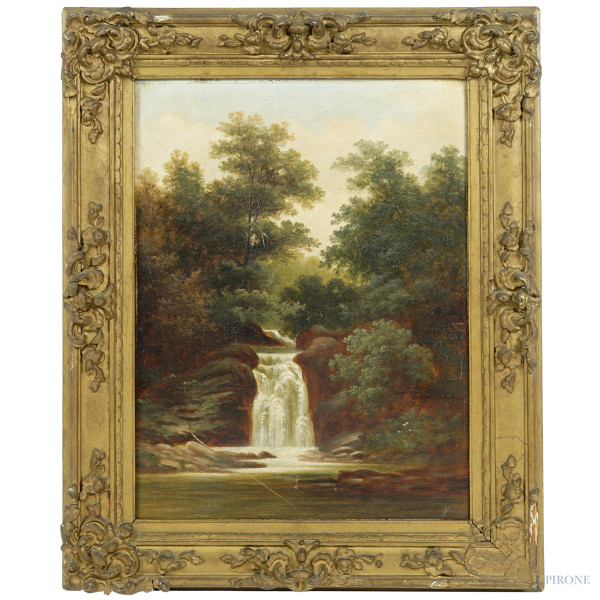 Paesaggio con cascata, olio su tela, sec. XIX, cm 41x30,5, entro cornice, (difetti)