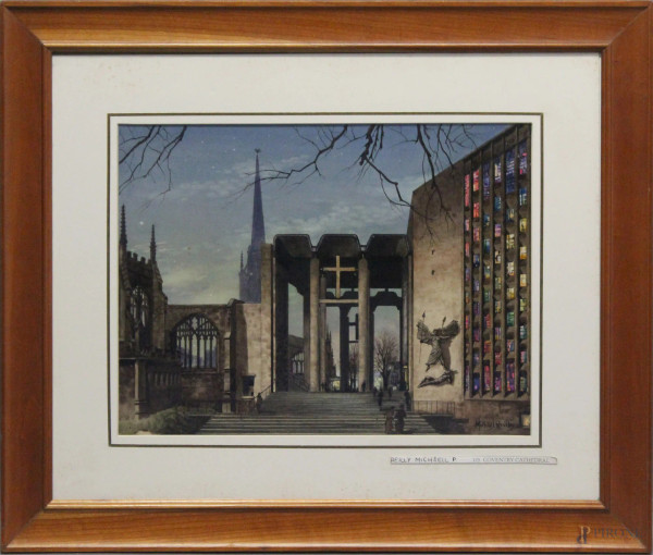Reilly Michael, Cattedrale di Coventry, acquarello su carta, cm 30 x 40, entro cornice.
