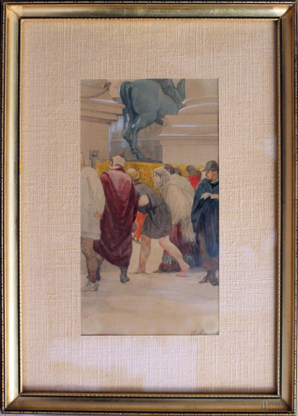 Giuseppe Boschetto - Figure, acquarello su carta, cm 20 x 11, entro cornice.