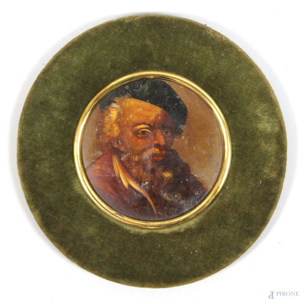 Miniatura raffigurante ritratto di anziano, olio su tela, diametro cm. 8, entro cornice.