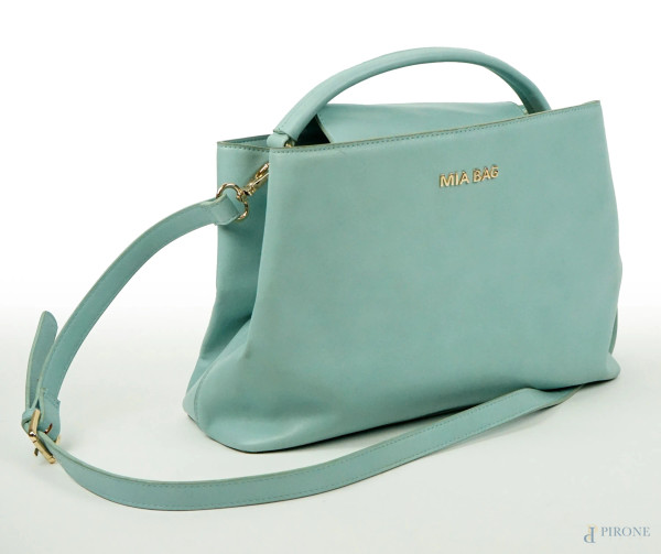 Mia Bag, borsa color turchese con tracolla, cm 24x35,5, lunghezza tracolla cm 51, (segni di utilizzo).