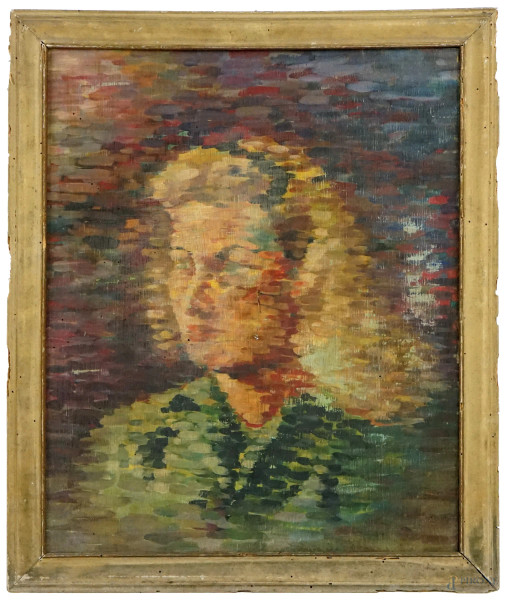 Pittore divisionista, Ritratto di donna, olio su tavola, cm 61,5x50, entro cornice, (difetti).