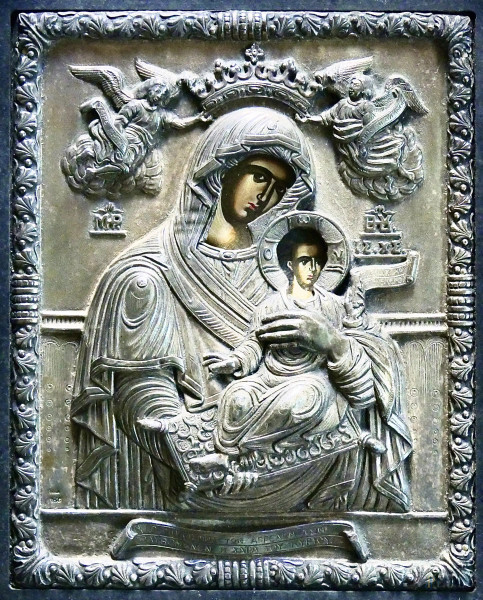 Icona in stile bizantino con riza in metallo argentato, cm 22x26