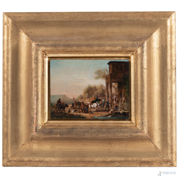 Esterno di antica villa con figure, XX secolo, tecnica mista su cartone pressato, cm 10,5x14, entro cornice (craquelure)