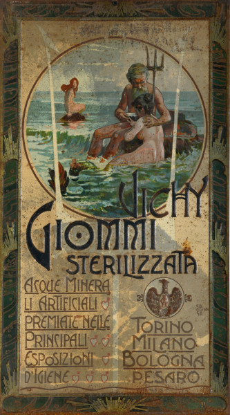 Manifesto pubblicitario su metallo acqua Vichy Giommi, primo XX secolo, cm 45x25, (difetti)