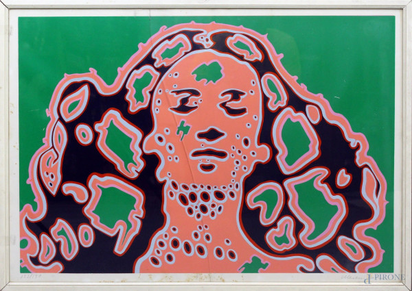 Volto di donna, multiplo a colori su carta, cm. 48x69, firmato, entro cornice.