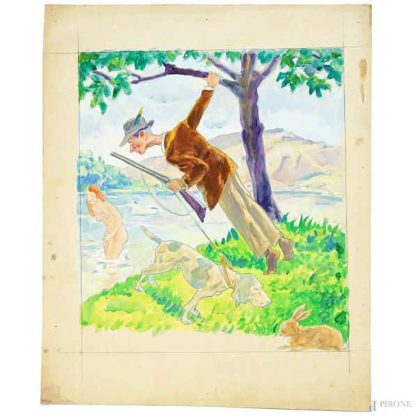 Luigi  Bompard - Caccia grossa, acquarello su carta, cm 37x30