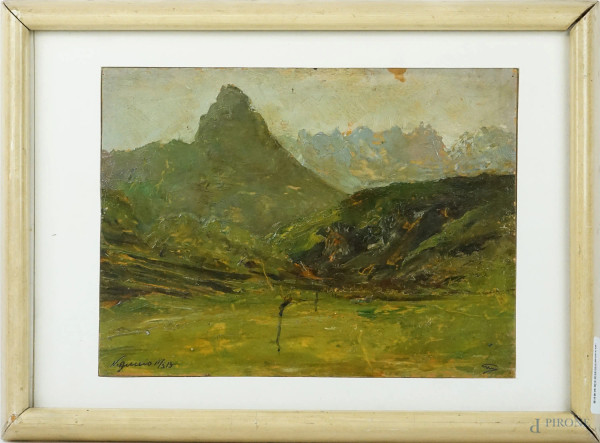 Paesaggio montano-Pizzo d'Erna, olio su tavola, cm 23x31, siglato, entro cornice