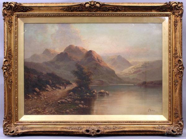 Paesaggio montano con lago e viandante, olio su tela, cm 50x80, firmato, XIX sec., entro cornice.