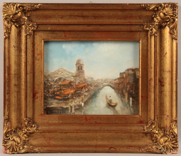 Scorcio di canale Veneziano con gondola, olio su tavola, cm. 25x30, entro cornice.