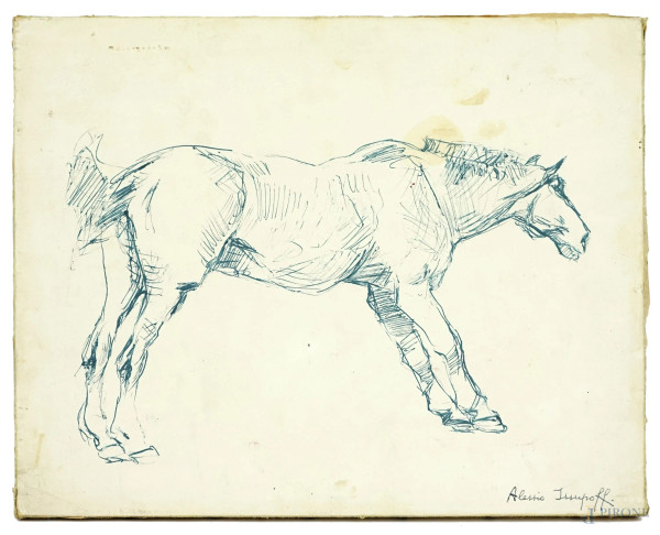 Cavallo, china su carta applicata su tela, cm 22,8x28,5, firmato, (macchie).