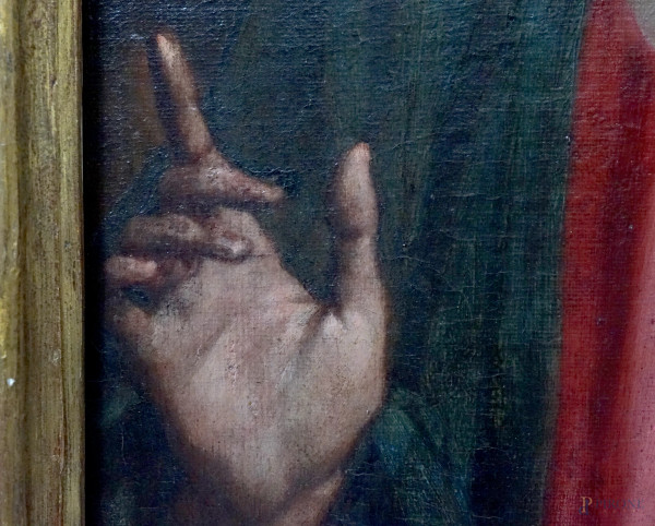 Scuola genovese del XVII secolo, Cristo e l'adultera, olio su tela, cm 93,5x117, entro cornice