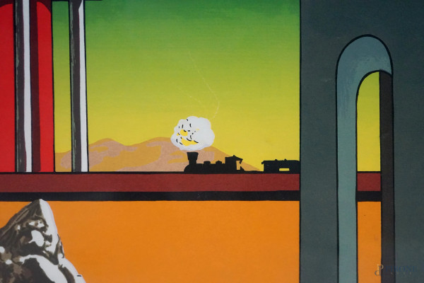 Piazza d'Italia, litografia a colori, firmato in basso a destra G. de Chirico, esemplare 200/300,...