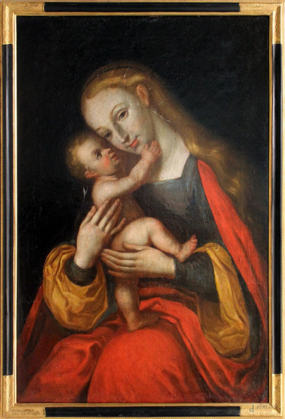 Madonna con Bambino, olio su tela, cm 82x54, XVII sec., entro cornice.