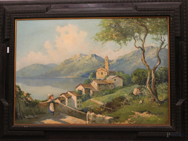 Paesaggio, olio su tavola 68x98 cm, firmato, entro cornice.