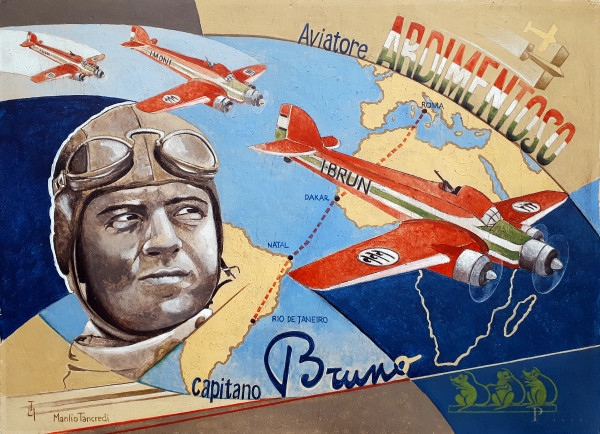 Manlio Tancredi (XX sec.) Capitano Bruno Mussolini aviatore ardimentoso, aeropittura a tecnica mi...