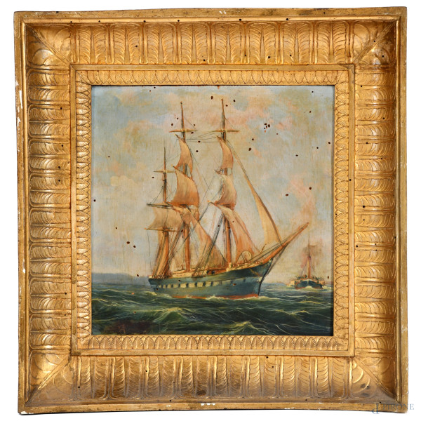 Veliero, olio su compensato, XX secolo, cm 27,5x25 entro cornice (fori di tarlo)