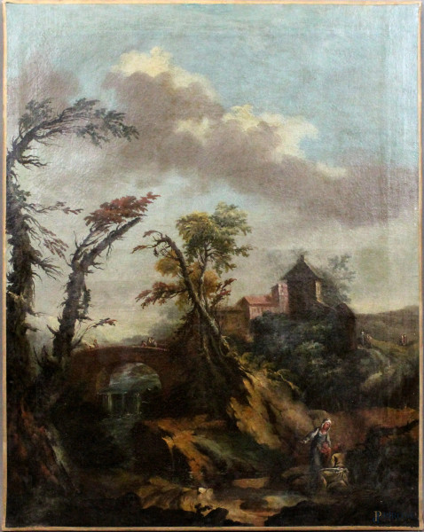 Scuola Veneta del XVIII secolo, Paesaggio fluviale con viandanti, olio su tela, cm 88.5 x 72