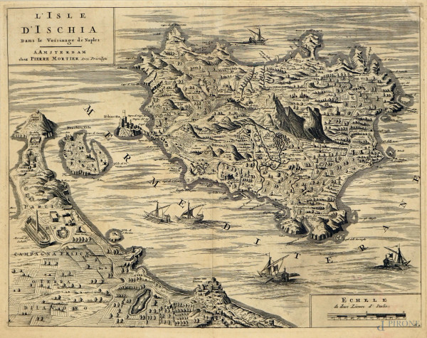 Pierre  Mortier (1661-1711), L'Isola d'Ischia, acquaforte, cm 49,5x59,5
