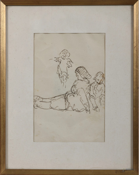 Figure, XX secolo, inchiostro su carta, cm 28,5x22 compreso passepartout, entro cornice, (segni di usura, tracce di umidità, ondulazioni della carta)