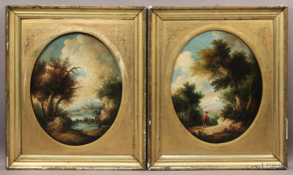 Coppia di paesaggi con figure, olio su tela ad assetto ovale 60x52 cm, entro cornici.