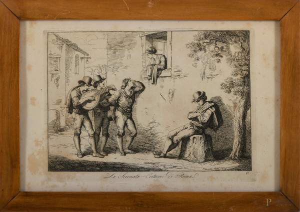 Lotto di 24 incisioni di Bartolomeo Pinelli, cm 23x36 entro cornice, (difetti, gore e tracce di u...